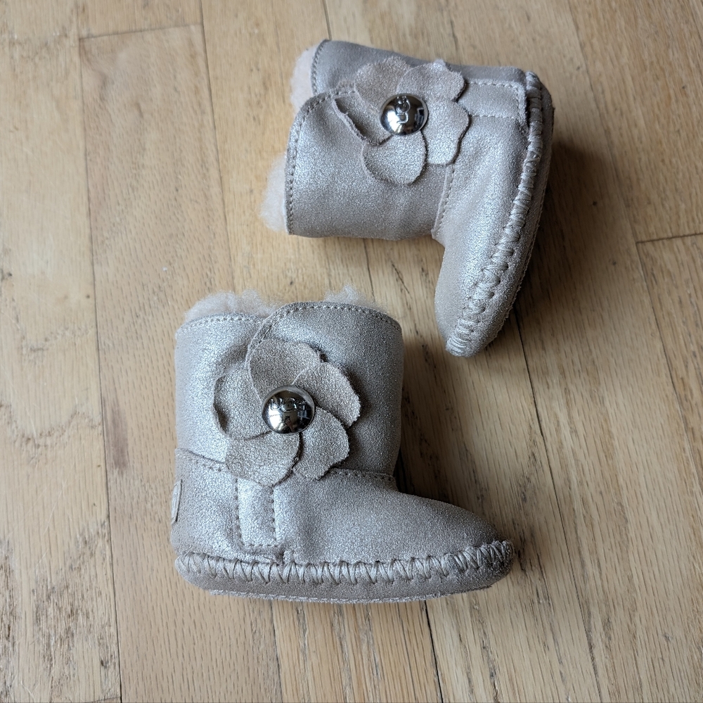 UGG Metallic Baby Booties with Flower Accent